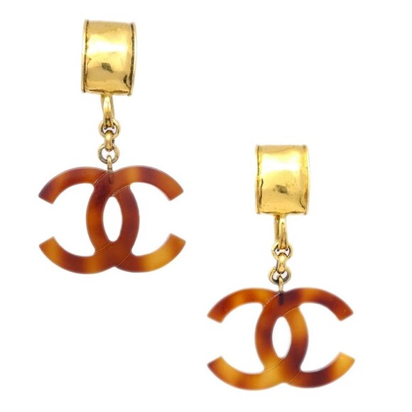 Chanel CC Dangle Earrings Gold Clip-On Brown 94P - Picture 1 of 4